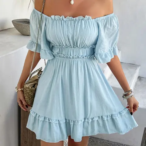 Women's Plain Dress, Casual Boho Ruffle Hem Chic Fashion Short Sleeve Casual Lightweight for Summer, Boho Casual Comfy, Ladies Clothes for Beach Holiday, Beachy Style Dress, Boho Styles, Shortsleeve Womenswear