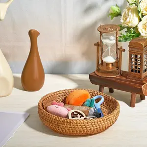3 Pcs Small Round Woven Rattan Wicker Basket for Entryway Tabletop Ideal for Organizing Keys Wallet Cell Phone or Serving Fruit Food Decorative Storage