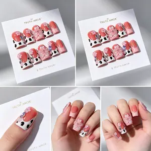 10Pcs, TRUTH AMOR, Pink Cow Print Press On Nails, 3D Cherry Blossom Design, Short Square Shaped, French Tip, Reusable, Easy Apply, Daily Party Summer Outfit, ViralPressOnNails, FloralNails, FakeNails, NailArt