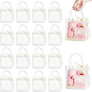 10/30/50 PCS Clear Plastic Gift Bags with Handles, 5.9 x 6.3 x 2.8 Inches Reusable Party Favor Bags with Ribbon Transparent Gift Wrap Bags Bulk Party Favor Packs for Weddings Birthdays Gift Packaging