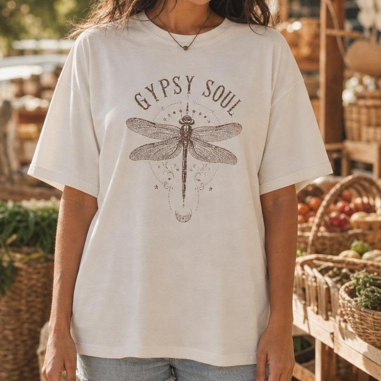 Boho Gypsy Soul Dragonfly Graphic Women Breathable Cotton Tee Vintage Mystical Celestial T-Shirt