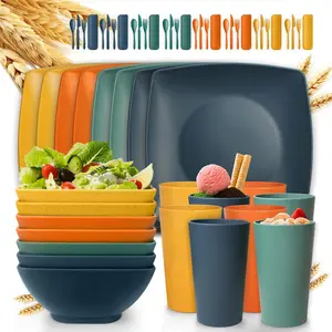 24-piece With Flatware Kitchen Plastic Wheat Straw Square Dinnerware Set for 8, Unbreakable Dinner Plates, Snack Bowls, Tumblers 20 oz, Dishwasher Safe, Autumn Multicolor