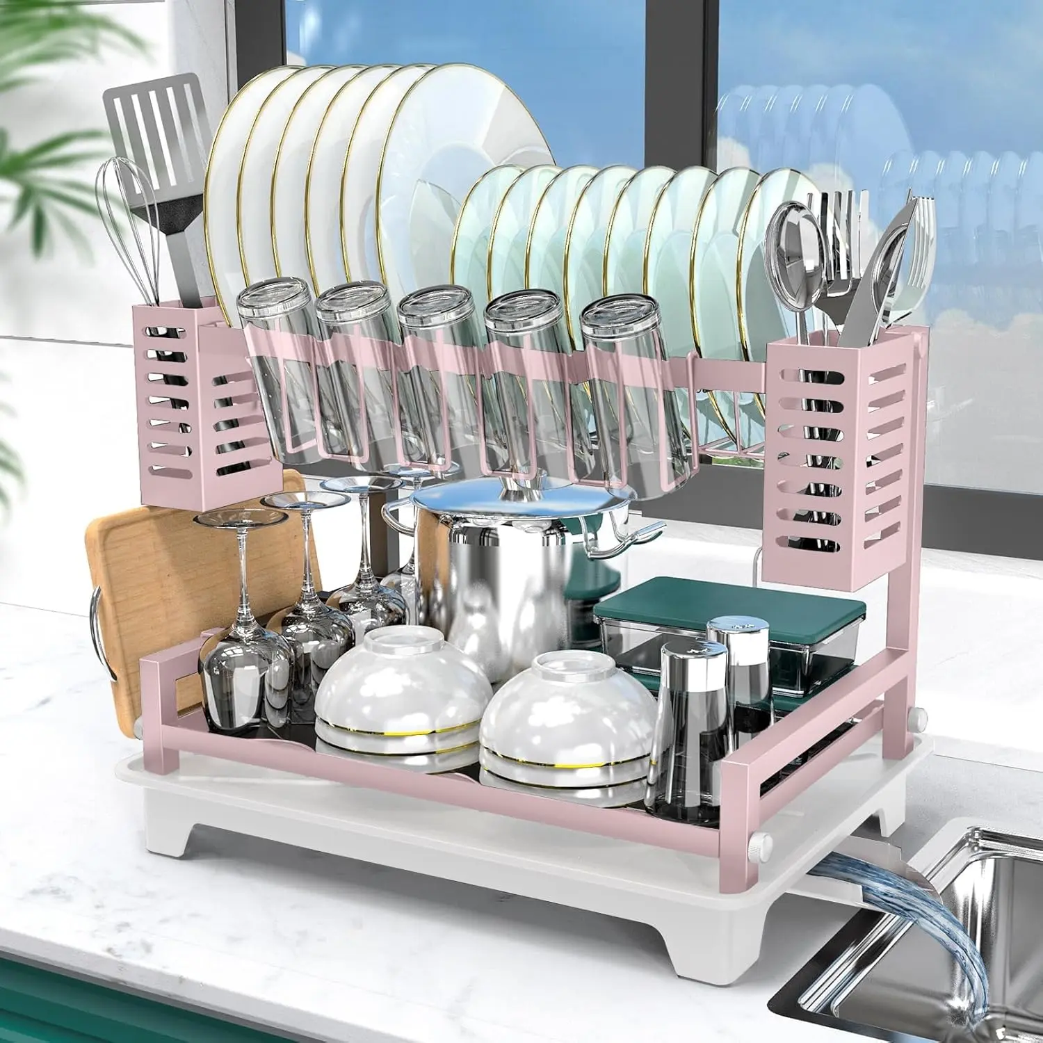 Dish Drying Rack, 2 Tier Dish Racks for Kitchen Counter, Large Dish Drying Rack with Drainboard & Utensil Holders, Rust-Proof Dish Drainers,Kitchen Organization, Dish Drying Racks