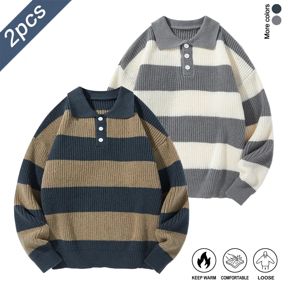 Men’s Stylish 2-Pack Polyester Polo-Collar Knitwear Pullovers, Baggy Regular Fit, Skin-Friendly Fabric, Ribbed Cuffs & Hem, Classic Stripes, Lightweight Warm Menswear Top, Elevated Knit Pullover for City Walking, Social Meet-Ups
