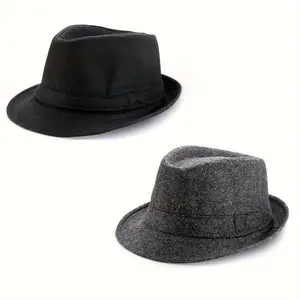 Flongo 2pcs Men's Classic Short Brim Manhattan Gangster Fedora Hat Trilby Cap