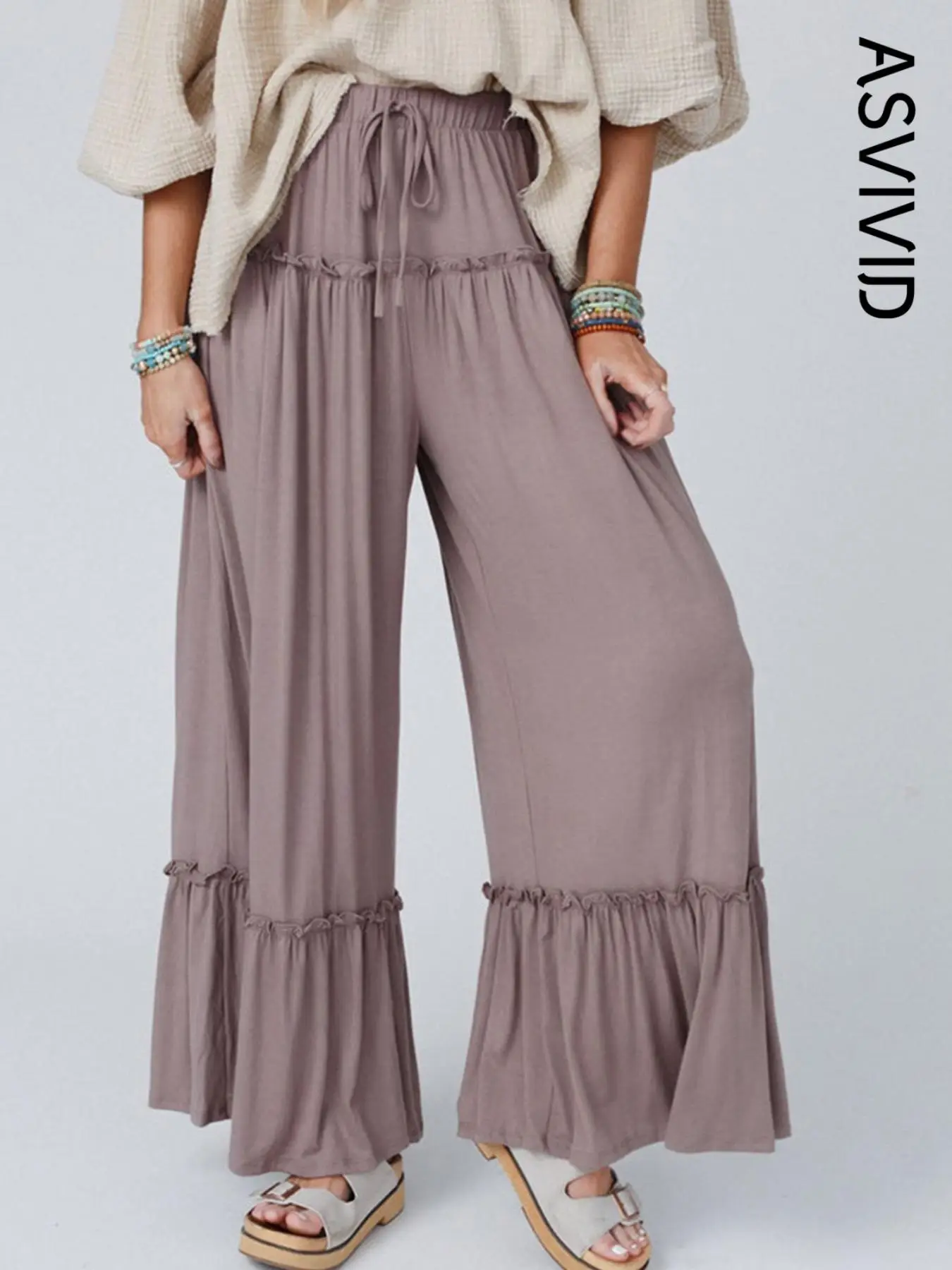 Women's Plain Drawstring Frill Trim Wide Leg Pants, Casual Boho High Waist Trousers for Summer, Ladies Bottoms for Daily Wear
