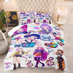 K-Pop Anime Idol Print Comforter Set-1 Quilt and 1-2 Coreless Pillowcases-Stage Girl Group with Holographic Laser Notes & Star Decoration-Comfortable Fabric-Sweet Cool Bedroom Decor or Gift for Fans