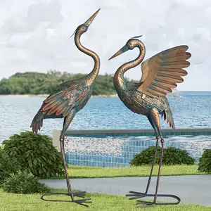 Vintage Spread Wings Crane Set of 2 Metal Garden Statues for Yard Lawn Pond Decorative Outdoor Artwork