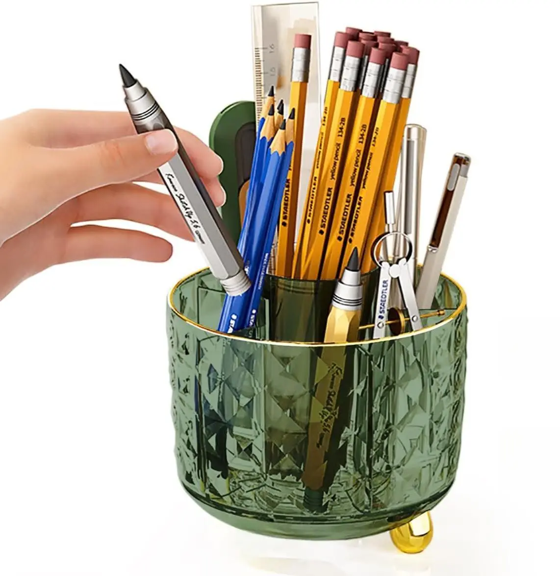Dark Green Pen Pencil Holder for Desk, 360° Rotating Pen Organizer, Green Office Supplies, Cute Pen Holder, 6-Compartment Pencil Holder Rotating