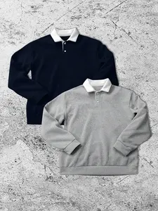 Two men's loose-fitting long-sleeved sweatshirts with contrasting polo collars, suitable for autumn and winter.