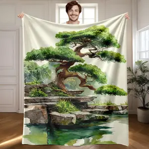 1 piece Traditional Chinese ink pine trees and rock water landscape themed flannel blanket - Flannel blanket with modern design, suitable for sofas and beds, all-season use, super soft and comfortable, digitally printed pattern, 100% polyester