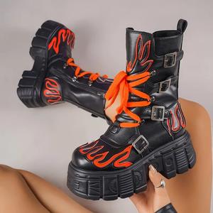 Women's Punk Style Motorcycle Shoes, Fluorescent Flame Platform Boots with Round Toe, Zipper Closure, Polyurethane Upper, Fabric Lining, TPU Sole, Mid Heel - All-Season Comfort Footwear, Shoe