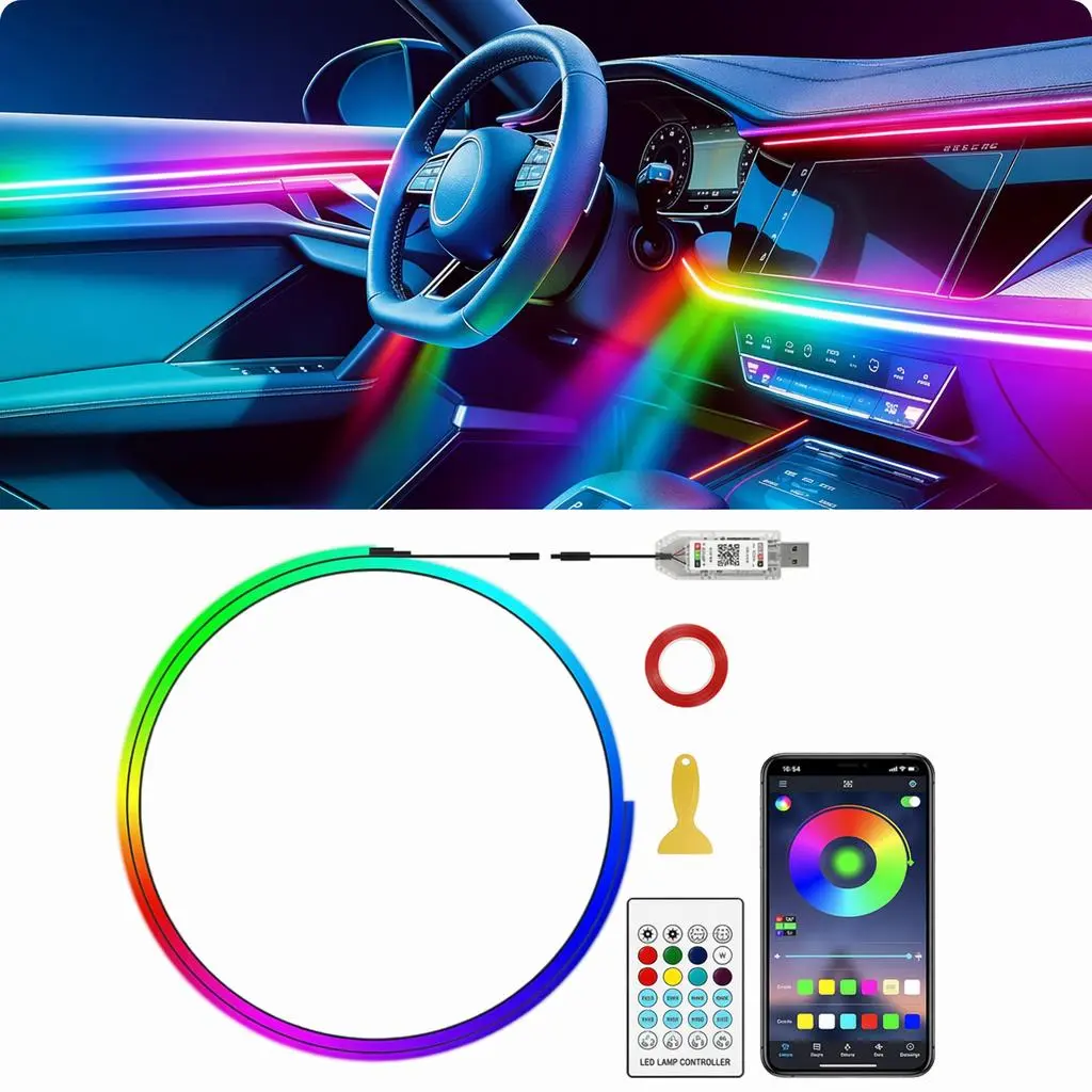 Ceesooi RGB Smart LED Interior Car Lights, USB-Powered App-Controlled Music Sync Decor, 110cm+110cm 2-in-1 Strip with DIY Mode, Led Lights for Cars Trucks, Gift for Men,toolupgrade