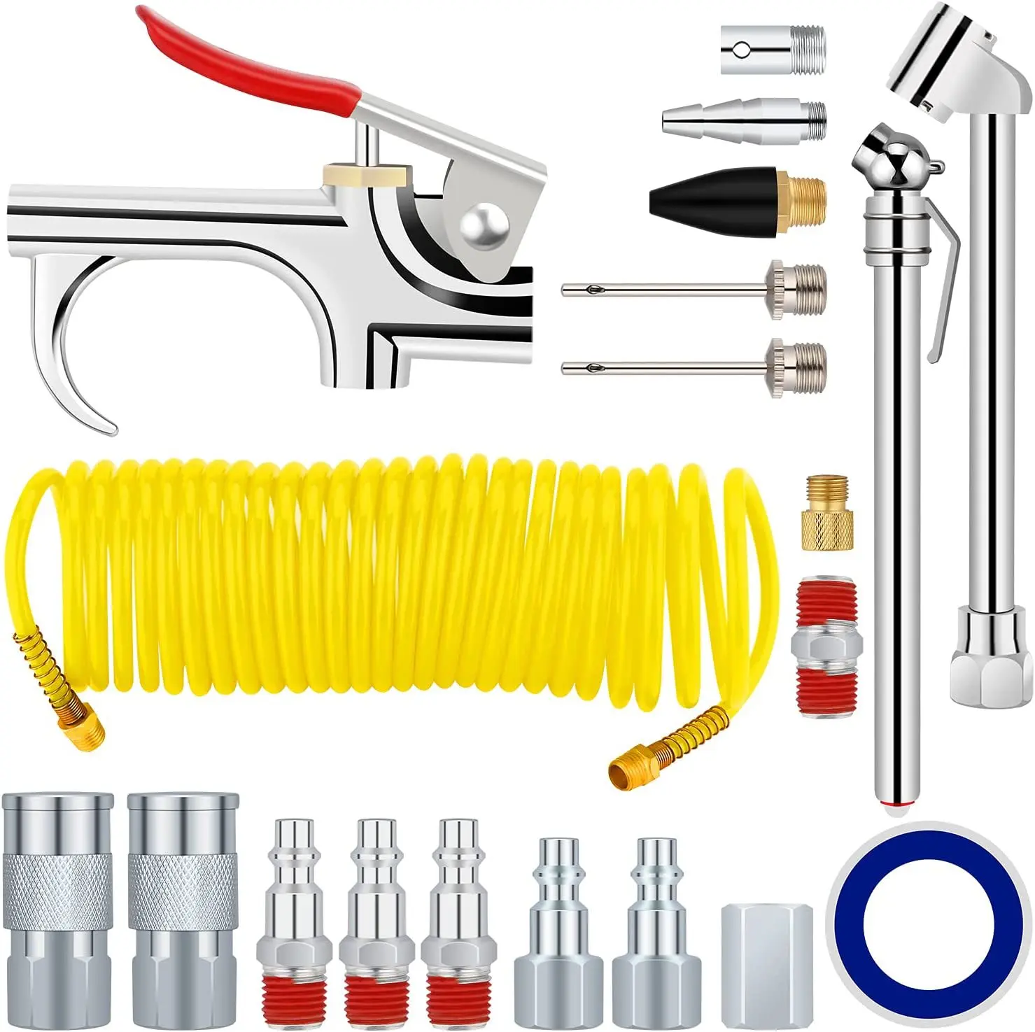20pcs Air Compressor Inflation Kit - Power Tool Accessory with Recoil Hose, Tire Inflator, Blow Gun, Brass Quick-Connect Connectors, Adapters, Inflatable Mattress Tools