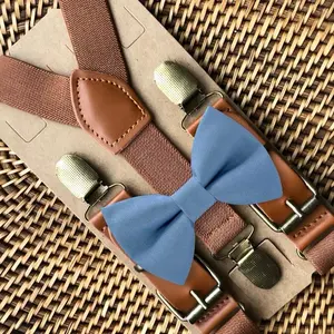 Dusty Blue Bow Tie & Brown Suspenders Set