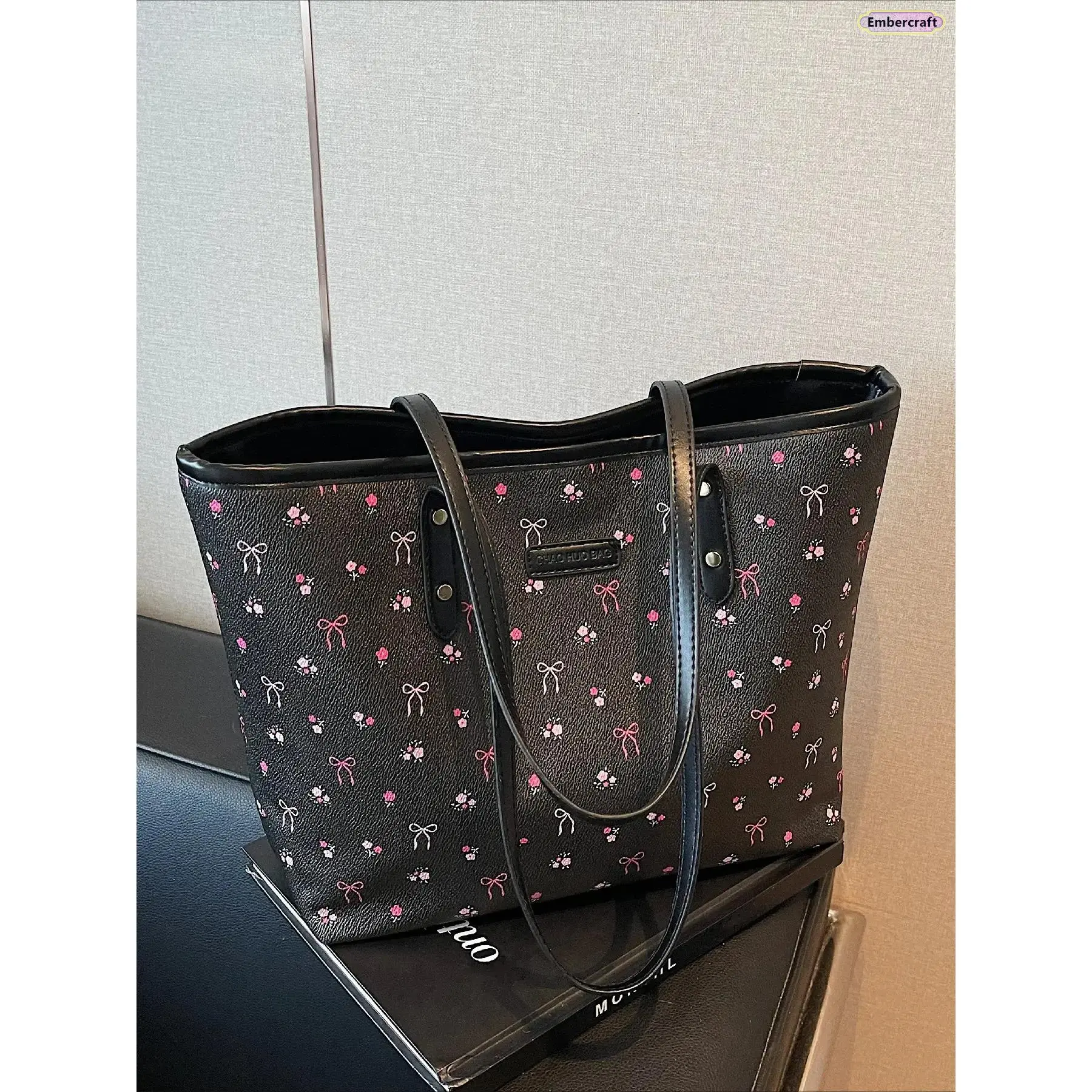 Women's Bowknot Cherry Print Leather Waterproof Tote Bag, Cute Purse Shoulder Bag, Roomy Lightweight Handbag for School, Shopping, Everyday Use, Shoulder Bag For Women