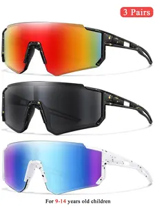 3 Piece Kids Fashion Sunglasses Set, Outdoor Summer Sports Glasses, Unisex Ages 9-14, Color Mirror Lenses, Windproof, for Baseball, Cycling, Hiking, Fishing, Travel, Sports Eyewear