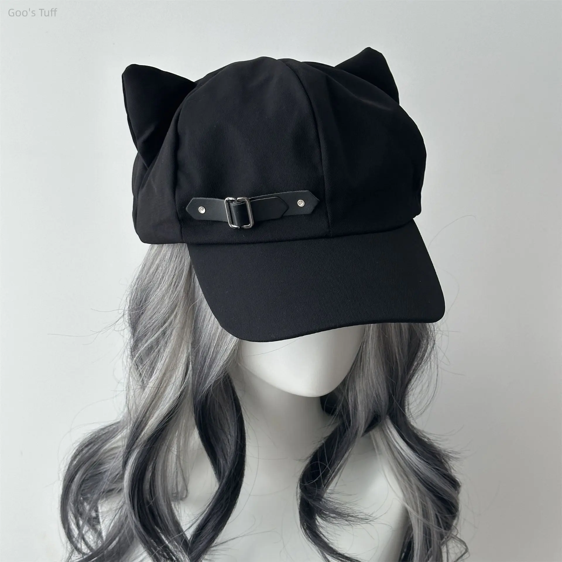 Women's Y2K Anime Alt Kawaii Cat Ear Beret Hat, Soft Lightweight Cap with Star Heart Leather Buckle, Daily Cosplay Street Fashion Headwear Accessory