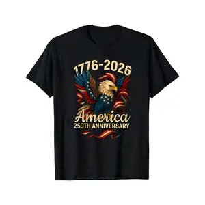 Men's 250th Anniversary Independence Day T-Shirt - 1776-2026. Features a patriotic eagle and American flag design, crew neck, short sleeve, a perfect 250th anniversary gift for July 4th, Independence Day, and American pride apparel.