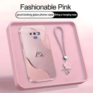 Wave Art 26 letter Phone Case, Suitable for [Galaxy Note9] high-end women's, Lanyard a beautiful four-leaf clover lanyard is included🍀 952