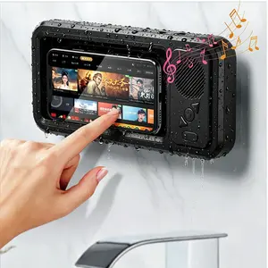 Waterproof Shower Phone Holder with Bluetooth Speaker, Wall Mounted Bathroom Phone Case with HD Speaker, 360°Rotation Touch Screen Mobile Phone Box, Touch Screen, Anti-Fog for Shower, Bathroom, Kitchen