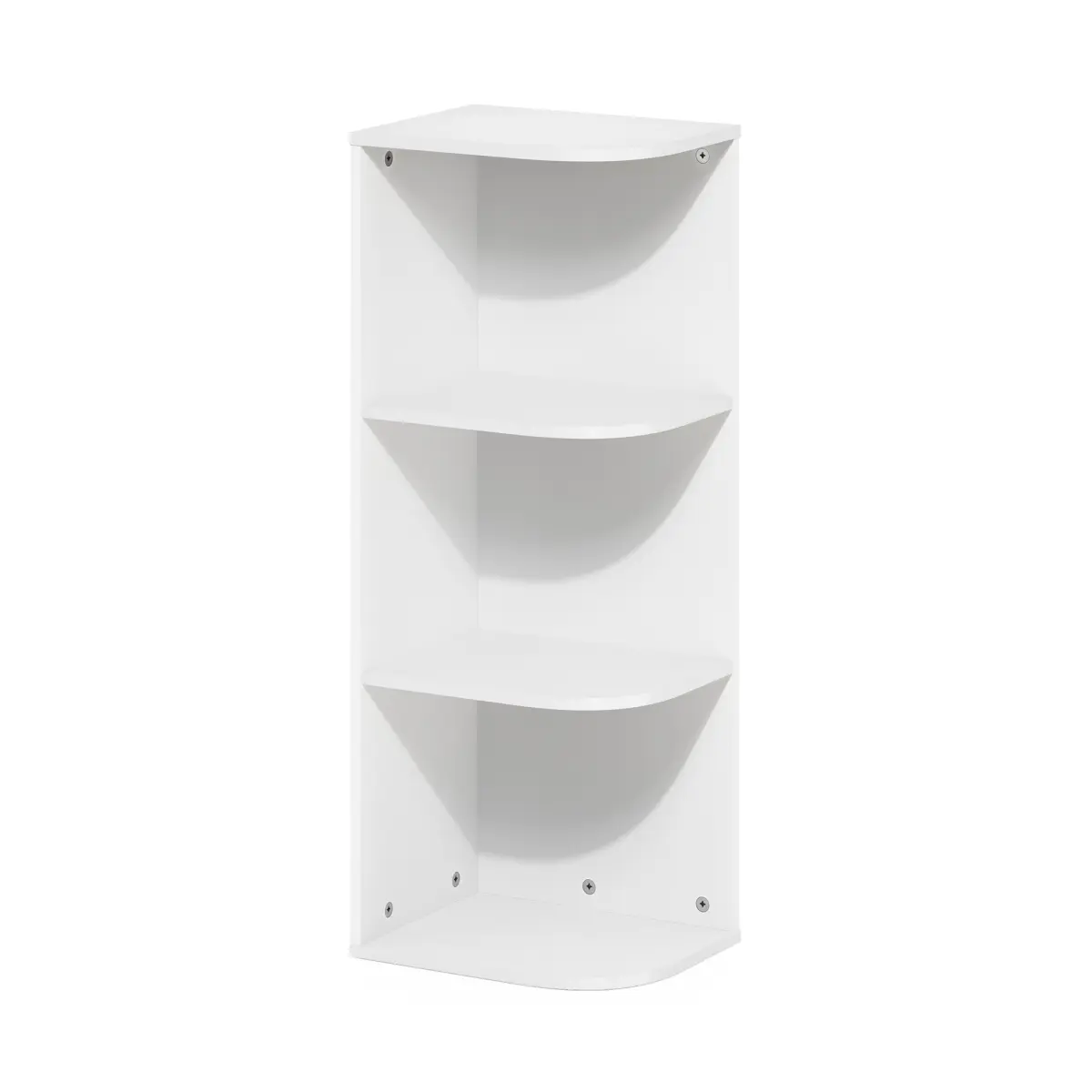 Furinno Pasir 3-Tier Wall Corner Open Shelving Bookcase - Closed Back, Composite Wood, Corner Shape, Curved Finish, White Commercial Office Furniture, Wall Corner Bookshelf