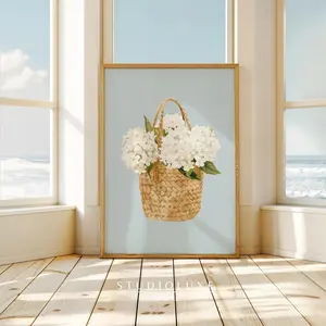 Hydrangea Basket Print, Coastal Wall Art, Kitchen Decor Printable, Trendy Apartment Art, Granddaughter Gift