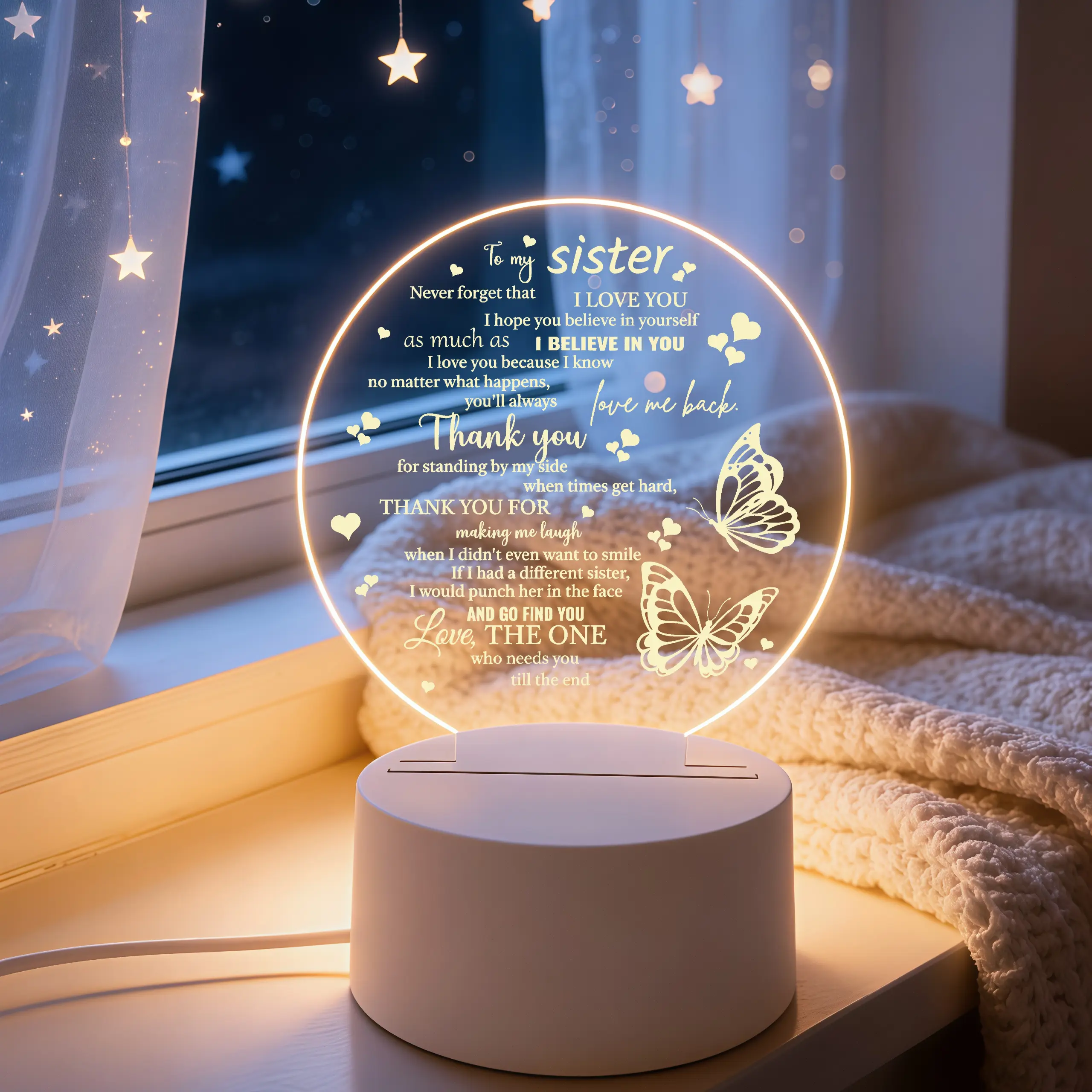Round Butterfly Design Acrylic LED Night Light - Warm Light, Sentimental Engraved Text Desk Lamp, Sister Keepsake Decor for Expressing Heartfelt Sentiments, Festive Gifting (Thanksgiving, Christmas, Birthday)