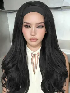 Women's Long Wavy Glueless Headband Wig, Black Synthetic Curly Wavy Hair Wig for All Seasons, Easy-To-Wear Daily Use & Special Occasions, Synthetic Curly Wigs, Deep Wavy Wigs