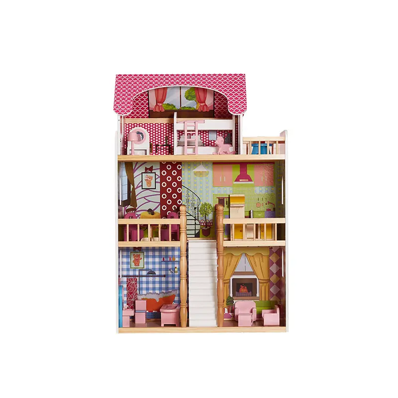 Pink Wooden 3-Story Dollhouse Villa Playcenter for Toddler Girls Ages 3+, ASTM F963 & CPC Certified, Tiled Sloped Roofline, Rounded Arc Borders, All Minimalist Toy Props, Toy Steps, Balcony, Flat KD Package, 65×29.6×99.3cm, Wood, Dollhouse Dream, Miniatur
