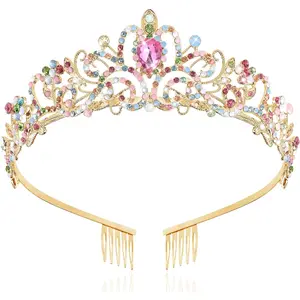 P-HDW035   Gold Crowns for Women and Girls, Queen Crystal Tiaras with White Rhinestone and Combs, Goddess Crown for Wedding Bride Birthday Princess Bridal Shower Hair Accessories for Women