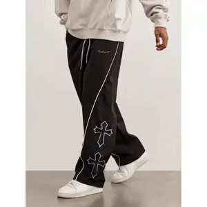 Men's Fashion Trendy Straight Leg Joggers, Cross & Letter Print, Casual Athletic Pants, Non-Stretch Mid Waist with Elastic Band, Regular Fit Streetwear, Rock Climbing Solid Color with Cut-Outs