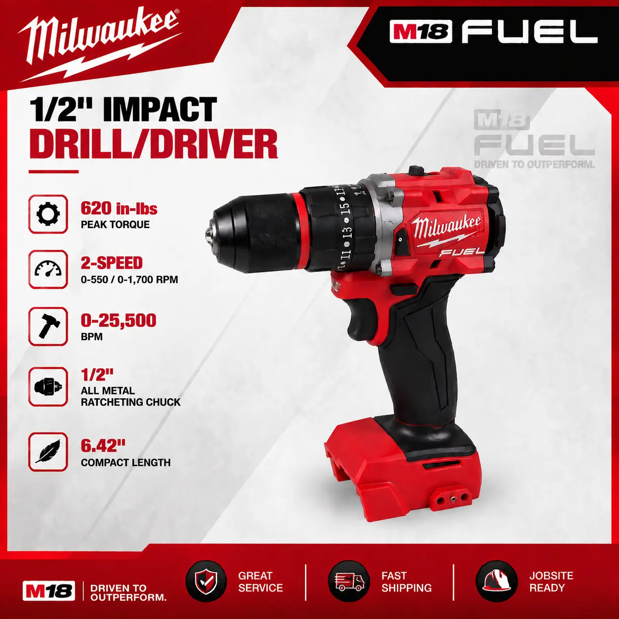 Milwaukee  M18 FUEL 1/2-Inch Cordless Impact Drill/Driver, 2-Speed, 1,200 in-lbs Peak Torque, Brushless