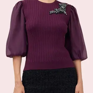 Organza Sleeve Women's Burgundy Combo Sweater - Comfortable Fit with Organza Sleeves - 52% Viscose, 29% Polyester, 19% Nylon Blend - Fabric Lightweight Womenswear Elegance Evening Casual Chic Soft Elegant Jeans Knitwear