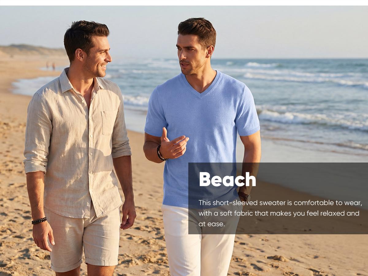 JMIERR Men's Wool Blend Short Sleeve V-Neck Sweater Soft Textured Knit Pullover for Business Casual Wear