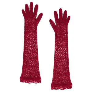 Beaufille Stretch Lace Elbow Gloves in Burgundy