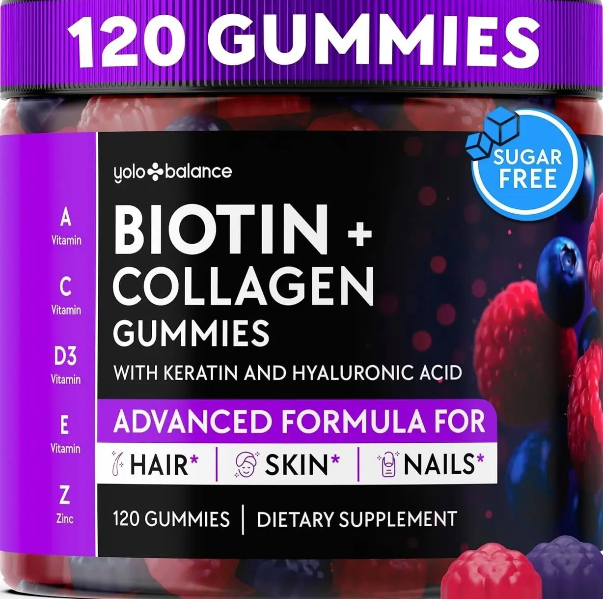 Biotin Gummies 10000mcg for Hair Growth Support - Sugar Free Multi Collagen with Keratin, Silica & Hyaluronic Acid - Pectin Based, Soft Chew Hair Skin and Nails Vitamins - 120 Count