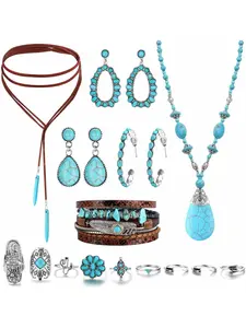 18 Pcs Western Jewelry for Women Bohemian Turquoise Jewelry Set, Boho Turquoise Long Choker Necklace Vintage Turquoise Drop Dangle Earrings Faux Leather Layered Bracelets Joint Knuckle Rings Women C, Chunky Jewelry Set