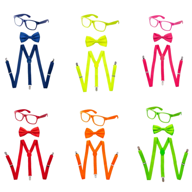 Adults/Teens Neon Suspender, Bowtie, & Glasses Accessory Set