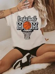 Women's Letter Print Drop Shoulder Tee, Casual Basketball Print Short Sleeve Crew Neck T-Shirt for Summer, Fashion Women's Top for Daily Wear