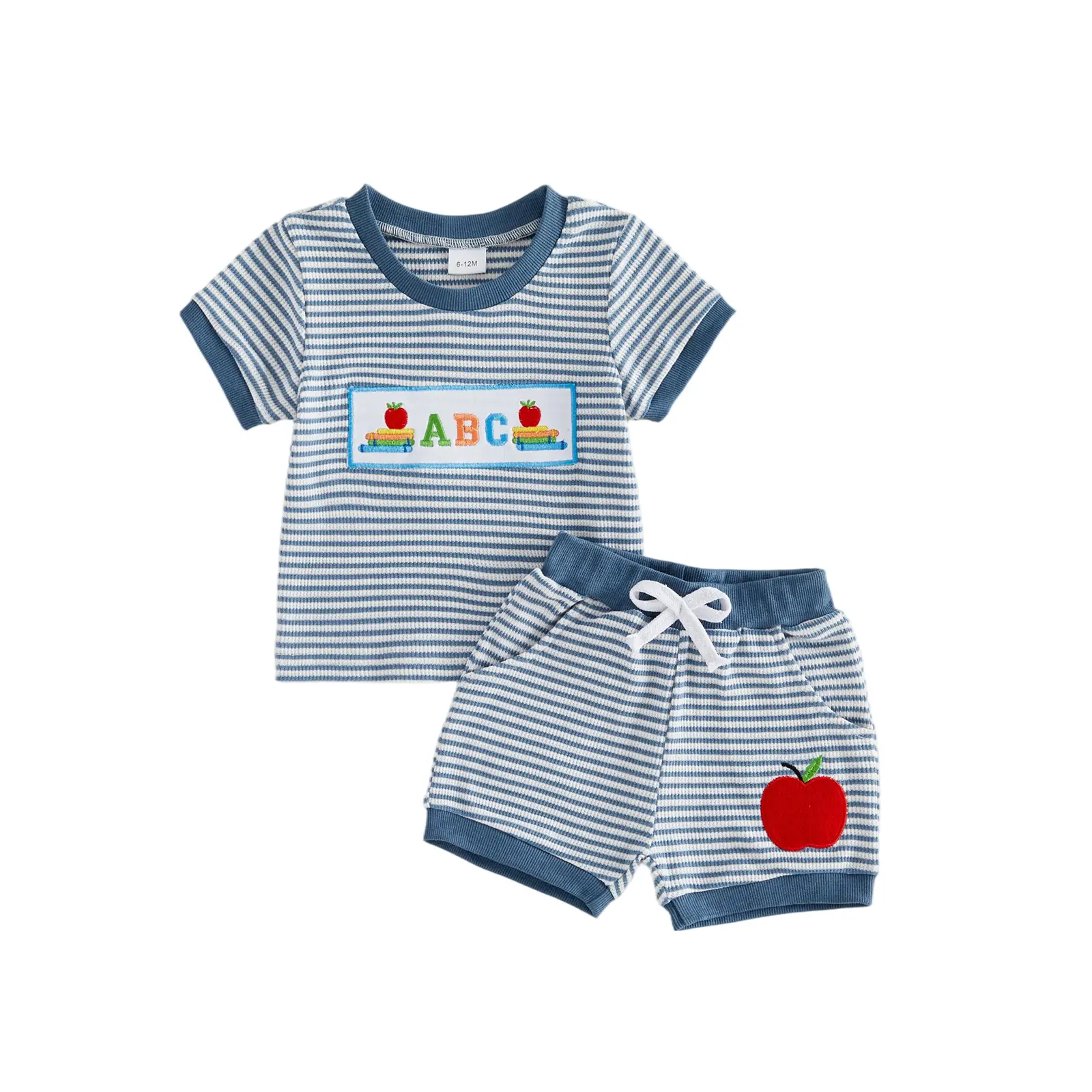 Toddler Boys Back to School Outfits Letter and Apple Embroidery Crew Neck Short Sleeve Striped T-Shirt and Shorts 2 Piece Set