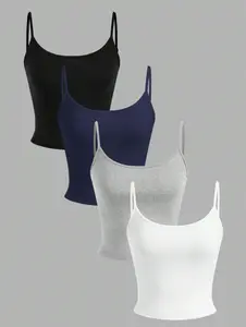 4pcs Women Tight Fitted Cropped Casual Tank Top in Black Navy Grey & White Perfect for Summer & Back to School Wear. Crop top perfect under school shirts