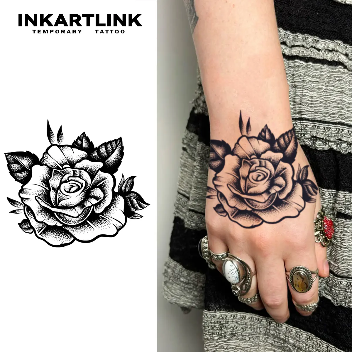 INKARTLINK Tattoo Tech Rose 1 Realistic Pre-Packaged Glue-Free Tattoo Design Prints - 2 Sheets Adult Art, Waterproof, 1-2 Weeks Long-Lasting, No Reflection, for Men & Women, Ideal for Swimming, Parties, Realistic Temporary Tattoos
