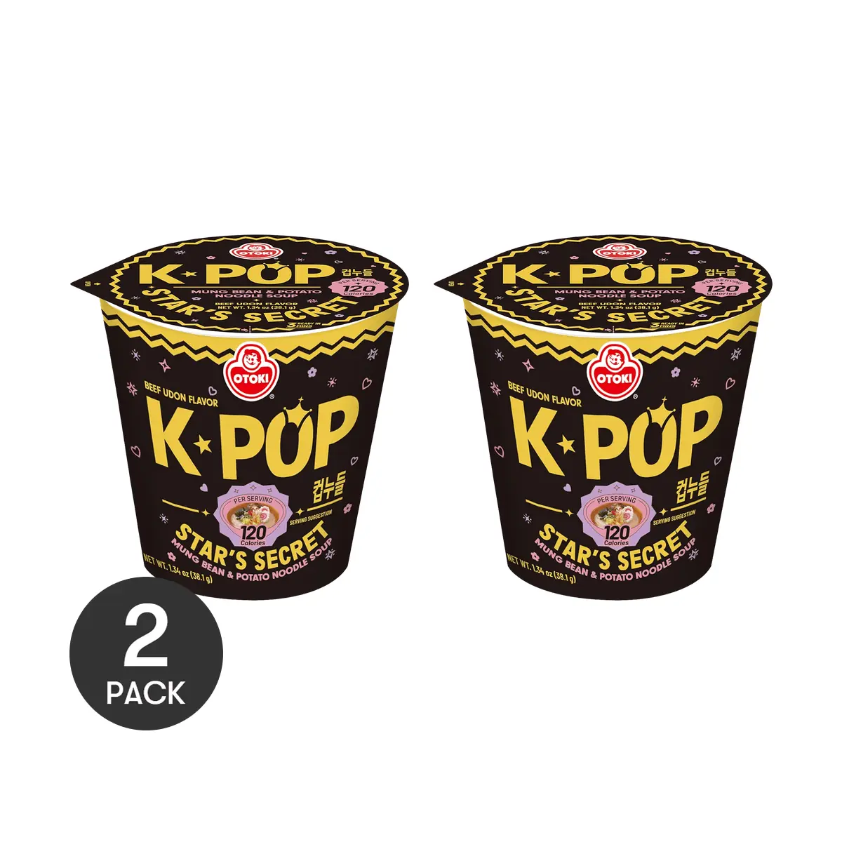 2 Pack OTTOGI Korean Beef Udon Noodles - Low Calorie K-Pop Star Secret Instant Ramen - Original Flavor 37.8g Each - Non-Fried Mung Bean Potato Noodles (120 Kcal)