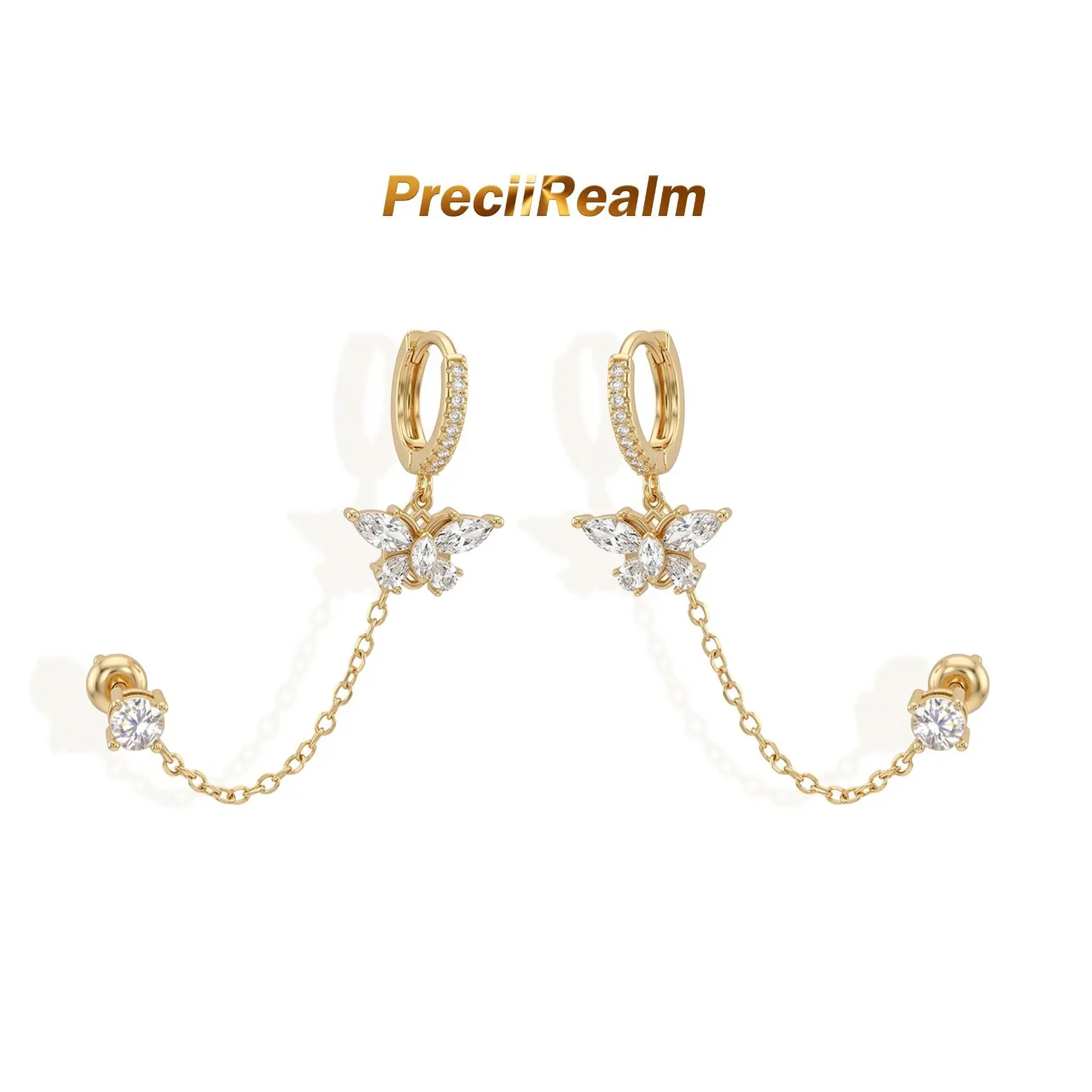 Women's 14K Gold Butterfly Chain Earrings, Double Piercing Dangle Chain Huggie Hoop Earrings
