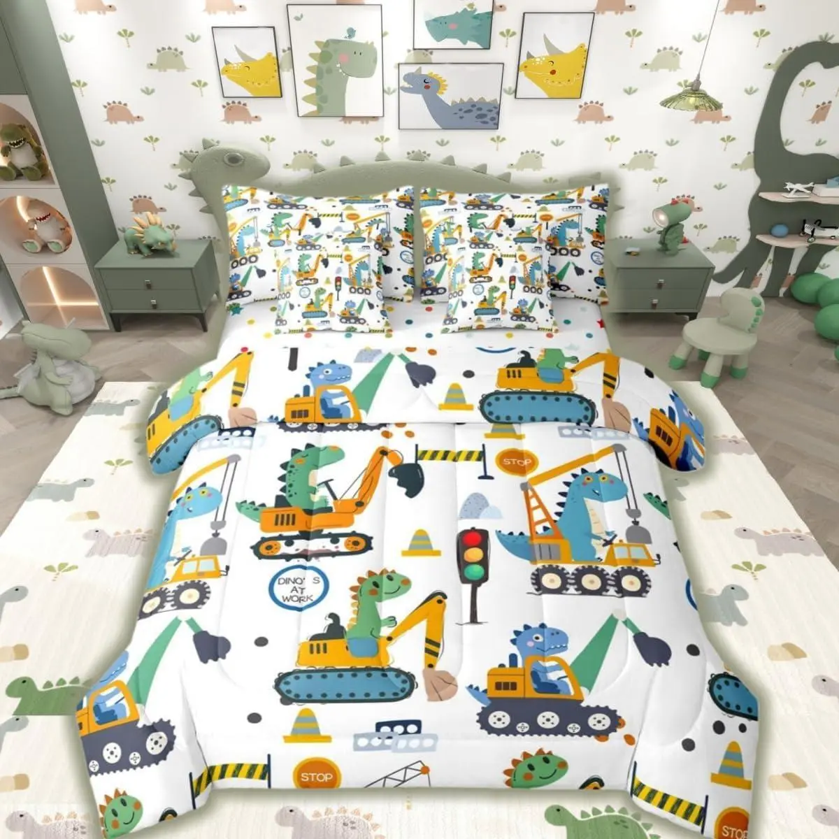 Dinosaur Excavator Comforter Set with Sheets | Cartoon Dino Construction Truck 7 Piece Bedding Set Car Vehicle Tractor Bed in a Bag,Cute Animal Room Decor,Kawaii Room Decor
