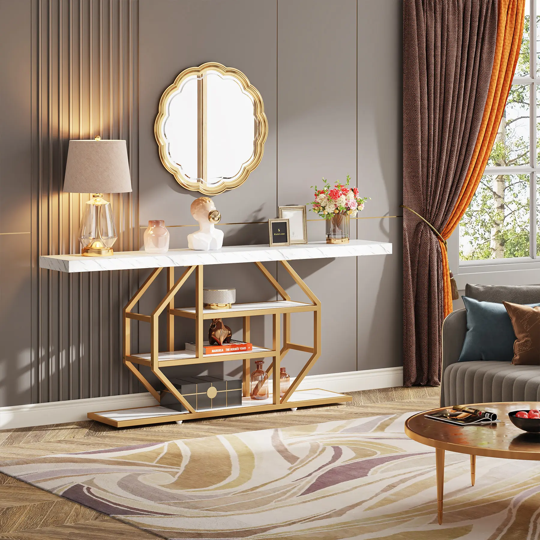 Tribesigns 70.9 Inch Extra Long Gold Console Table with 3 Storage Shelves - Perfect for Home Organization