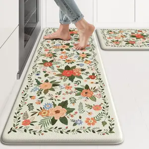 Kitchen Mats for Floor Anti , White Floral Rugs for Kitchen Floor, Padded Kitchen Floor Mats, Cushioned Kitchen Mats for Floor 2 count for Laundry Office Sink Desk 17"x47"+17"x29"