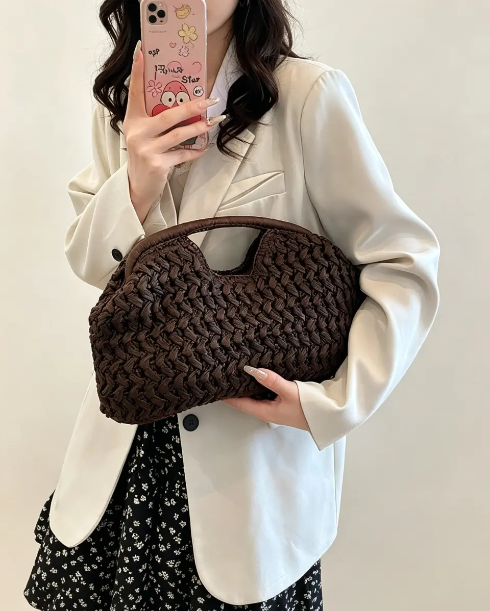 Women's Straw Cloud-Dumpling Clutch Pouch - Pastoral Vacation Woven Beach Bag, Summer Beaded Underarm Bag with Unique Chain Strap