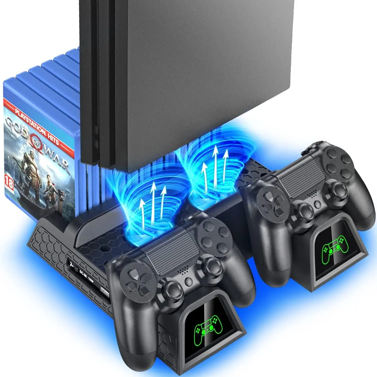 PS4 Stand Cooling Fan Station for  4/PS4 Slim/PS4 Pro, PS4 Pro Vertical Stand with Dual Controller EXT Port Charger Dock Station and 12  Slots